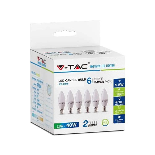 V-TAC 5.5W E14 természetes fehér LED gyertya égő csomag (6 db) - SKU 2737