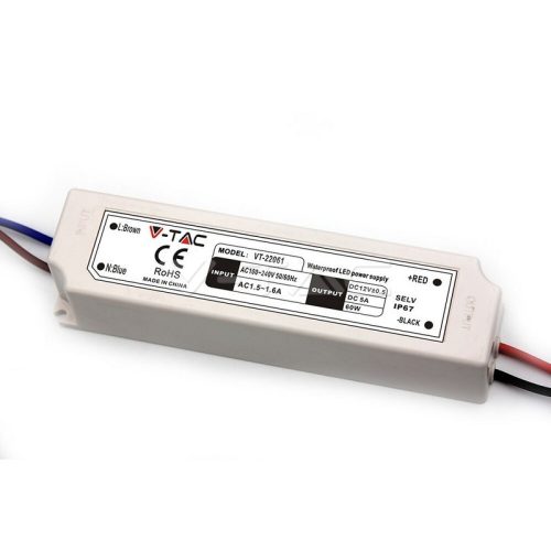 V-TAC műanyagházas IP67 LED tápegység 12V 60W 5A - SKU 3234