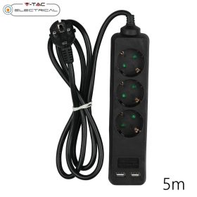   V-TAC fekete elosztó 3db aljzattal, 2db USB csatlakozó, 5m kábel - SKU 8777