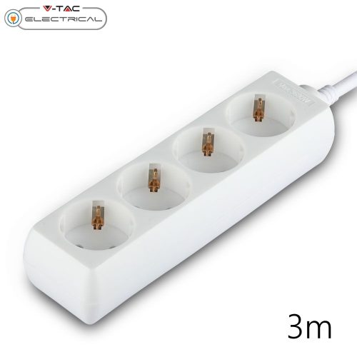 V-TAC fehér elosztó 4db aljzattal, 3m kábel - SKU 8757