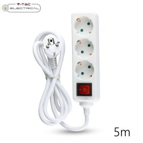   V-TAC fehér elosztó 3db aljzattal, kapcsolóval, 5m kábel - SKU 8763