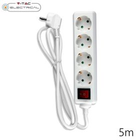   V-TAC fehér elosztó 4db aljzattal, kapcsolóval, 5m kábel - SKU 8765