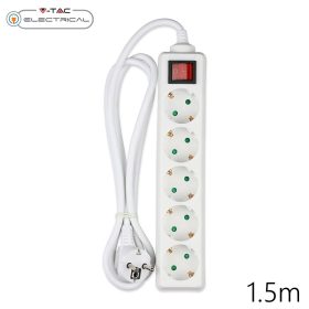   V-TAC fehér elosztó 5db aljzattal, kapcsolóval, 1.5m kábel - SKU 8766