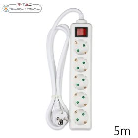   V-TAC fehér elosztó 5db aljzattal, kapcsolóval, 5m kábel - SKU 8767