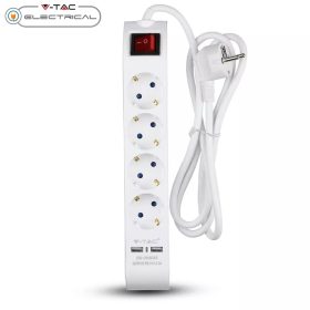   V-TAC elosztó 4db aljzattal, kapcsolóval, 2db USB csatlakozó, 1.4m kábel - SKU 8808