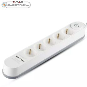   V-TAC elosztó 5db aljzattal, kapcsolóval, 2db USB csatlakozó, 3m kábel - SKU 8807