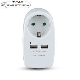   V-TAC fehér, fali adapter 1db aljzattal, 2db USB csatlakozóval - SKU 8795