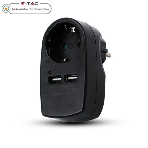 V-TAC fekete, fali adapter 1db aljzattal, 2db USB csatlakozóval - SKU 8796