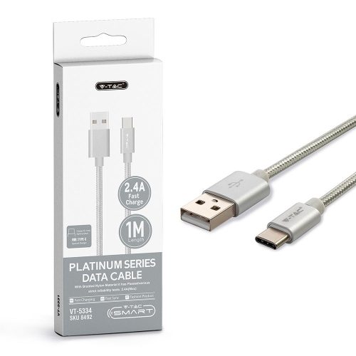 V-TAC ezüst, USB - Type-C 1m hálózati kábel - SKU 8492