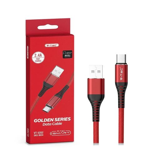V-TAC piros, USB - Type-C 1m hálózati kábel - SKU 8634