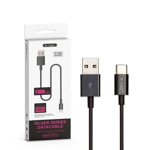 V-TAC fekete, USB - Type-C 1m hálózati kábel - SKU 8487