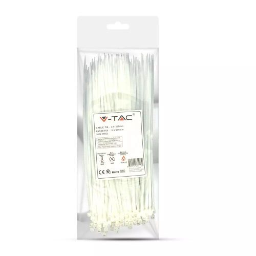 V-TAC fehér, műanyag gyorskötöző 2.5x200mm, 100db/csomag - SKU 11163