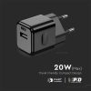 V-TAC fali 20W töltő, utazó adapter, Power Delivery, USB és Type-C csatlakozóval, fekete - SKU 6677