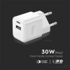 V-TAC fali 30W töltő, utazó adapter, Power Delivery, USB és Type-C csatlakozóval, fehér - SKU 6680