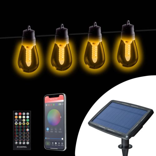Smart szolár fényfüzér, 30 darab RGB LED körte, bluetoothos kapcsolat, 13 méter