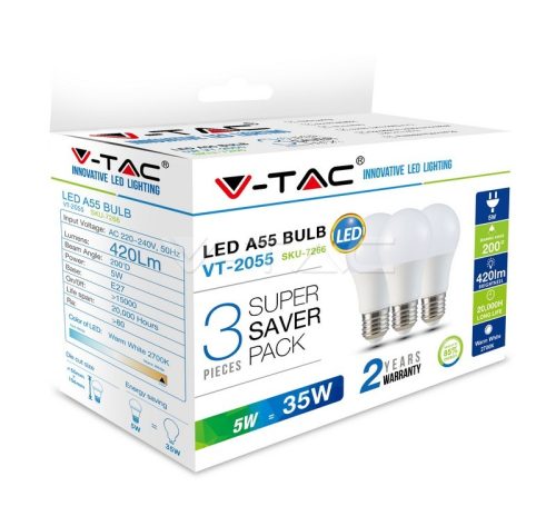 V-TAC LED lámpa izzó 5W E27 2700K - 3 db/csomag - 7266