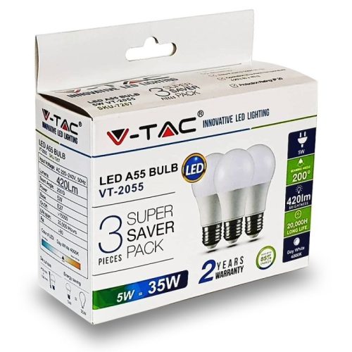 V-TAC LED lámpa izzó 5W E27 6400K - 3 db/csomag - 7268
