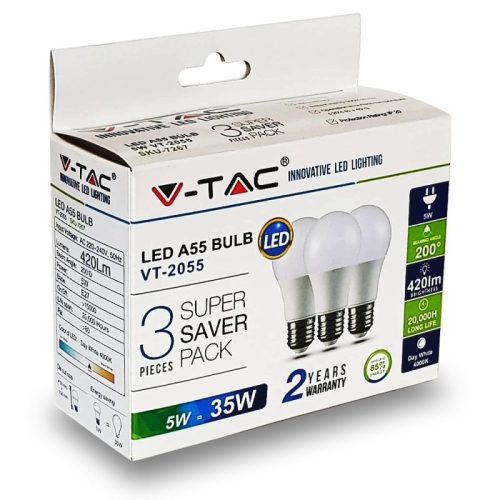  V-TAC LED lámpa izzó 5W E27 6400K - 3 db/csomag - 7268