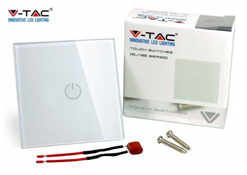 V-TAC érintőpaneles fali kapcsoló üveg előlappal, egypólusú, fehér - 8354