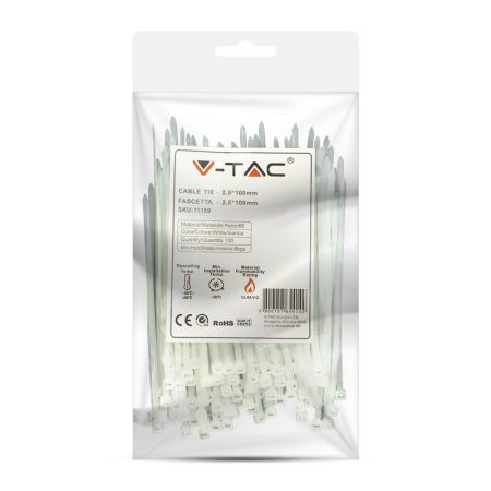 V-TAC 2.5x100mm fehér gyorskötöző, 100 db/ csomag - 11159