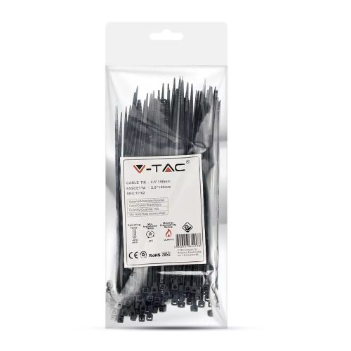 V-TAC 2.5x150mm fekete kábelkötegelő, 100 db/ csomag - 11162