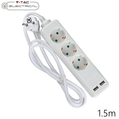 V-TAC hármas hosszabbító USB töltővel,  hálózati elosztó 1.5m, fehér - 8774