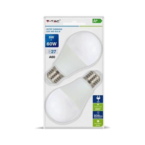 V-TAC 3 lépésben dimmelhető 9W LED izzó E27 foglalattal, 2 db/csomag, természetes fehér - 7289