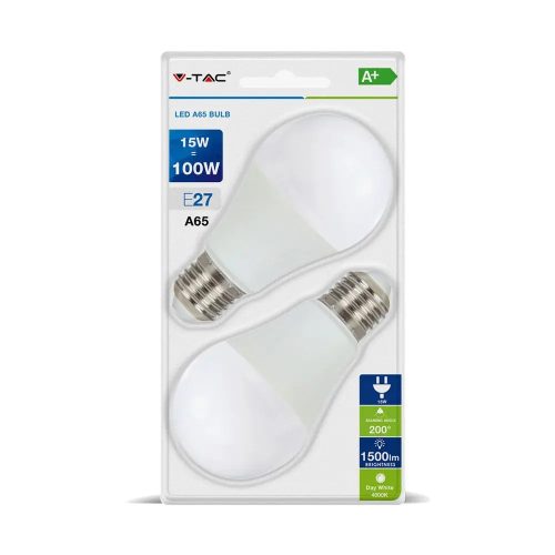 V-TAC LED A65 izzó, 15W - meleg fehér, 2 db/bliszter - 7300