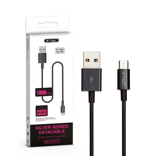 V-TAC Silver Micro USB kábel, 1m fekete - 8485