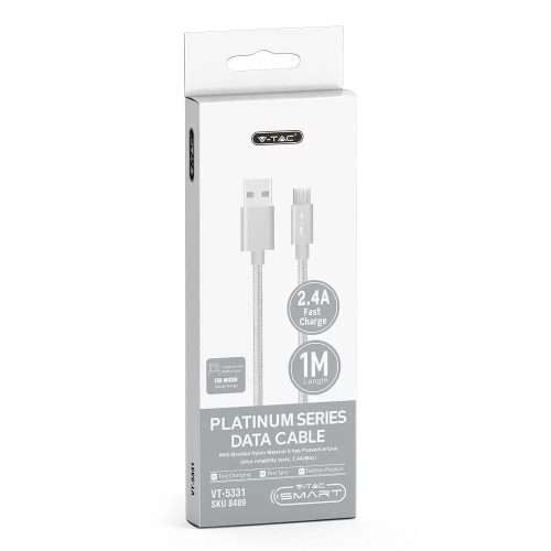 V-TAC Platinum Micro USB kábel, 1m, ezüst - 8489