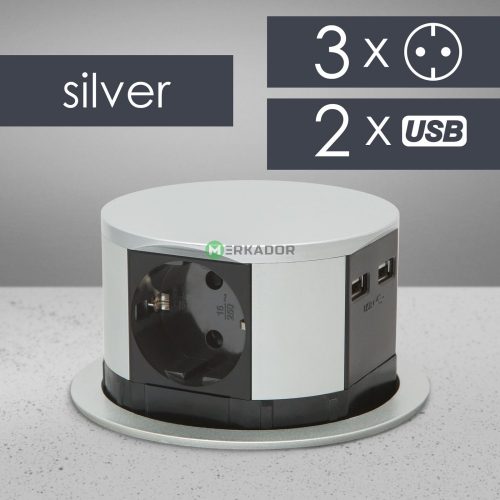 Beépíthető rejtett gyerekzáras 3-as elosztó asztalba 1,5m kábellel, USB töltővel 